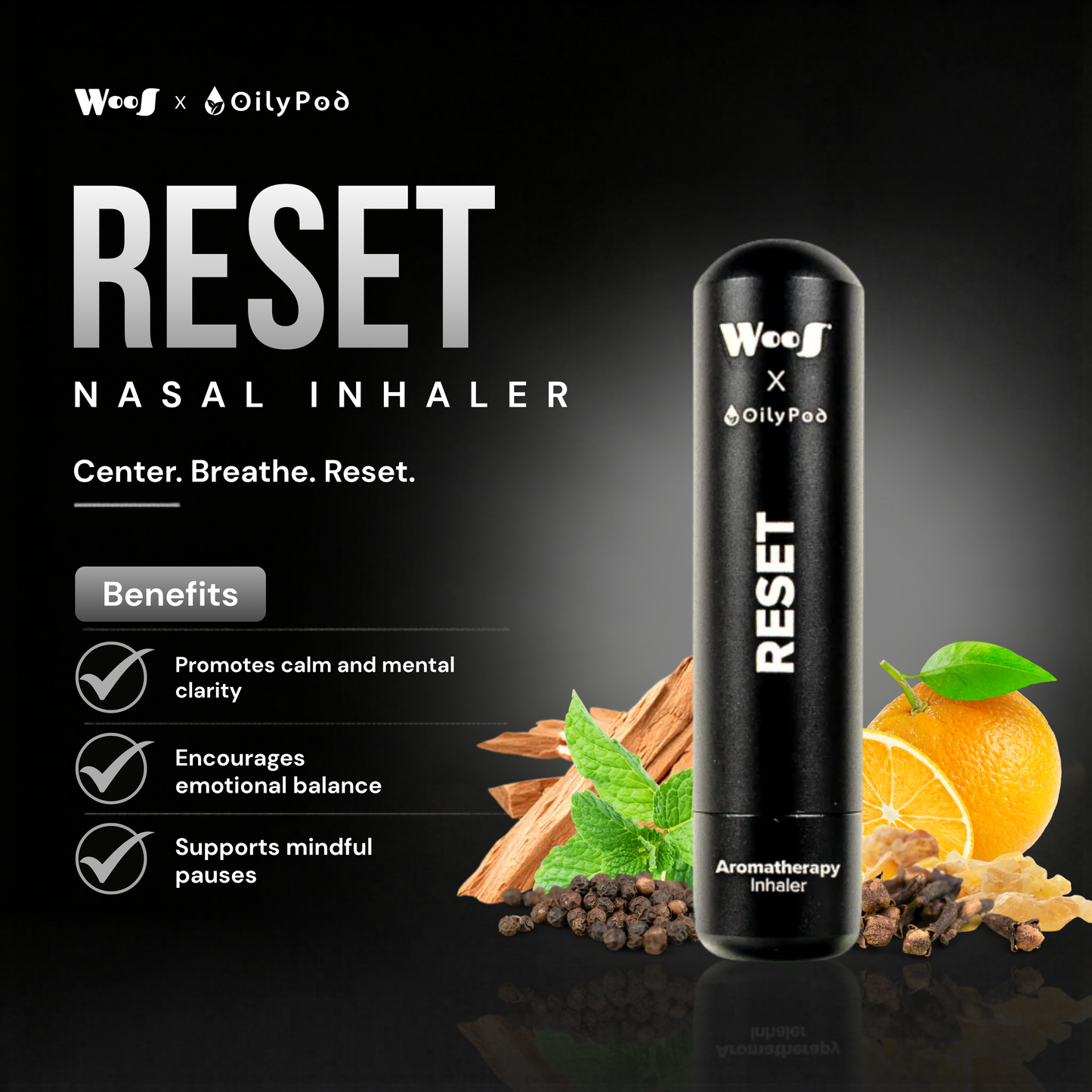 WooS x OilyPod RESET – Aromatherapy Inhaler for Mood Reset & Stress Relief